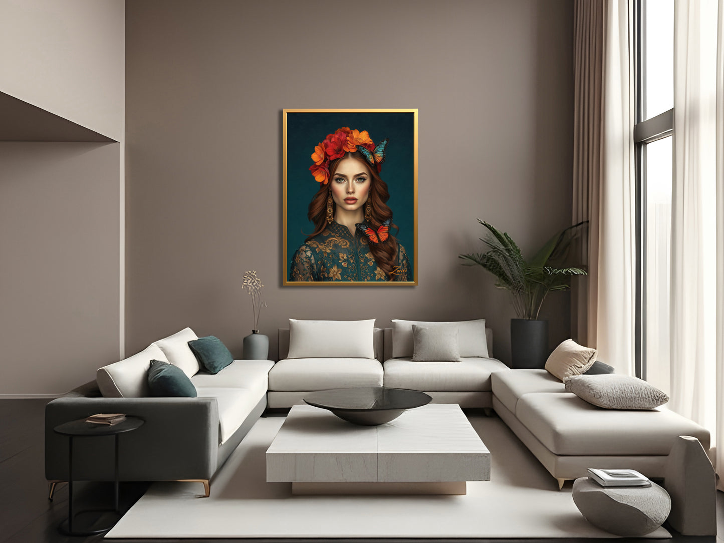 Mockup showing “Frelight Muse” a hand-painted oil painting on canvas by Zorisi, displayed in an interior setting.