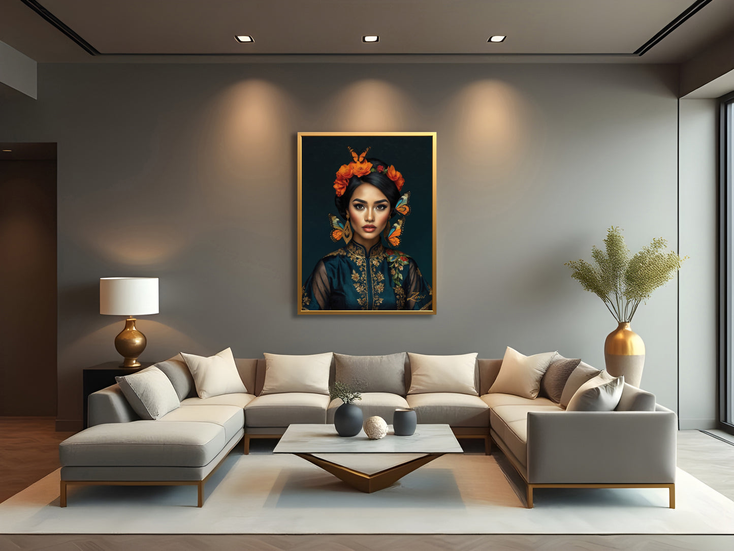 Mockup showing “Monarch Whispers” a hand-painted oil painting on canvas by Zorisi, reproduced as a limited edition fine art print.