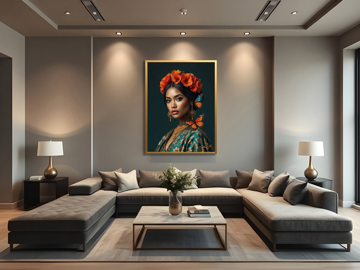 Mockup showing "Silent Bloom", a hand-painted oil painting on canvas by Zorisi, displayed in an interior setting.