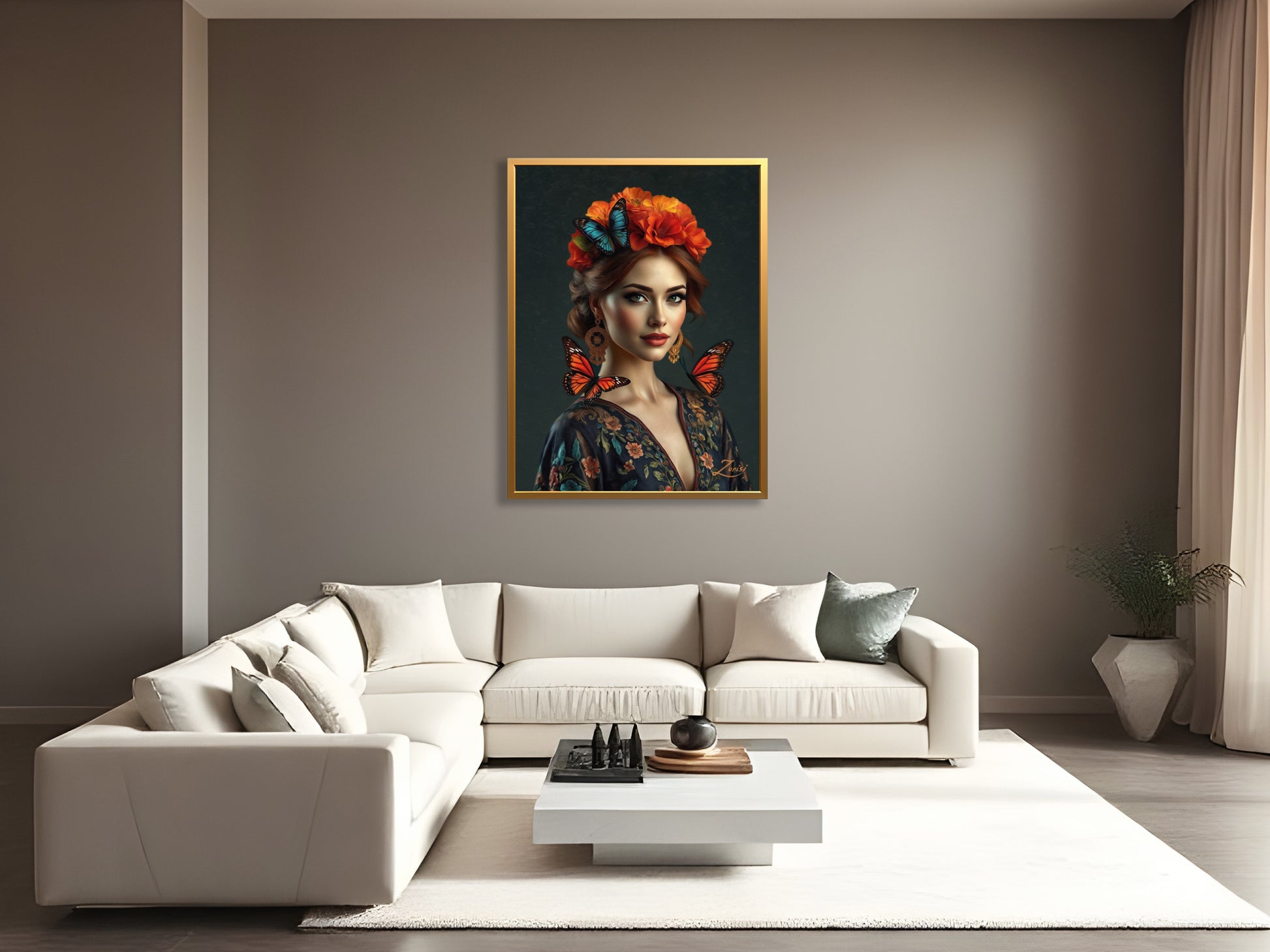 Mockup showing “Dressed for Sunrise” a hand-painted oil painting on canvas by Zorisi, reproduced as a limited edition fine art print.