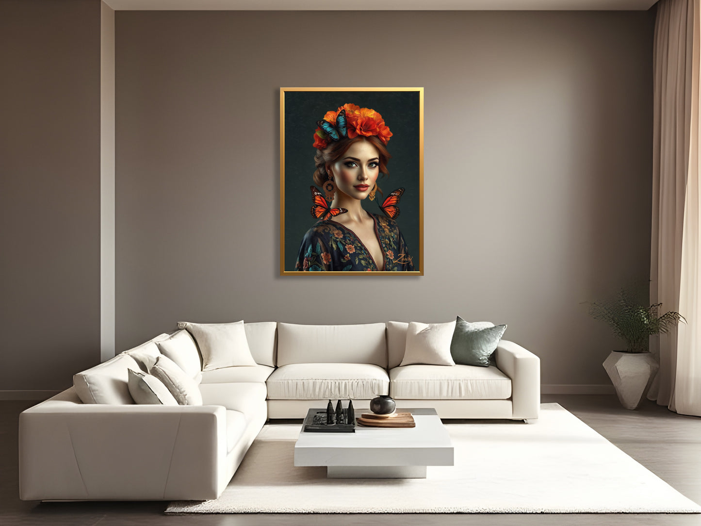 Mockup showing “Dressed for Sunrise” a hand-painted oil painting on canvas by Zorisi, displayed in an interior setting.