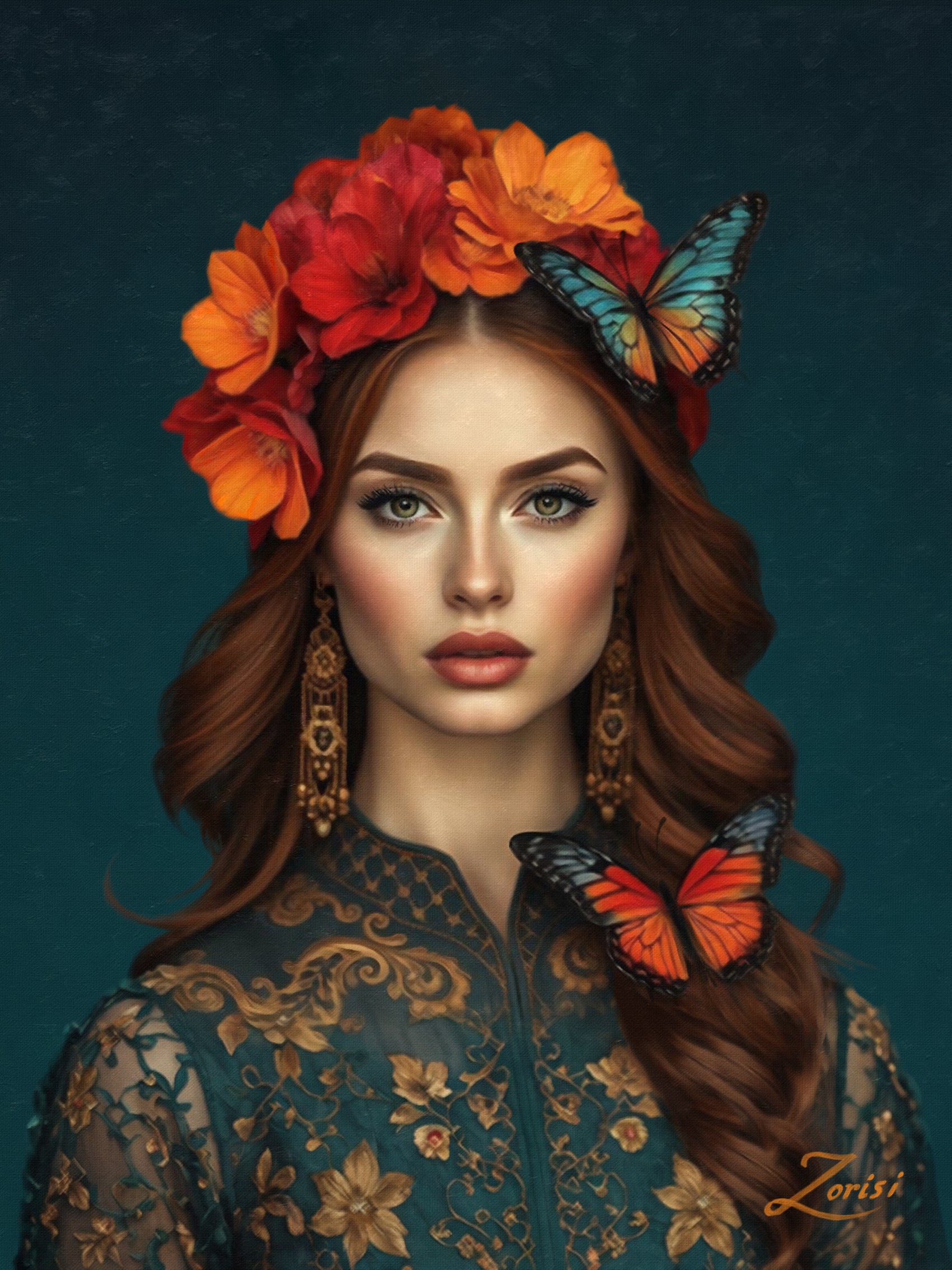 Image of "Firelight Muse” a hand-painted oil painting on canvas by Zorisi, reproduced as a limited edition fine art print.