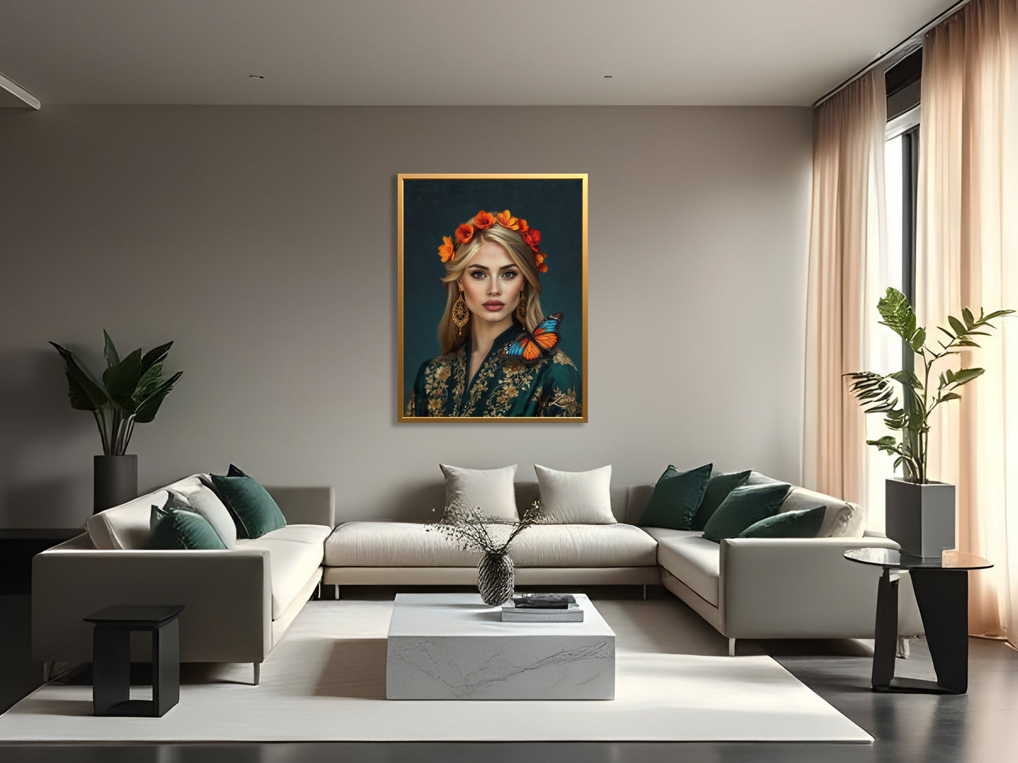 Mockup showing "Radiance of Serenity", a hand-painted oil painting on canvas by Zorisi, displayed in an interior setting.