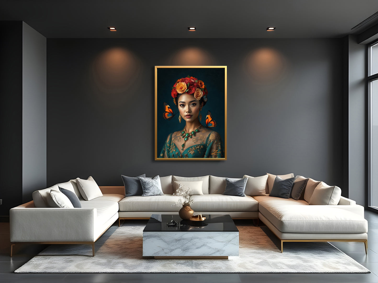 Mockup showing "Song of Petals", a hand-painted oil painting on canvas by Zorisi, displayed in an interior setting.